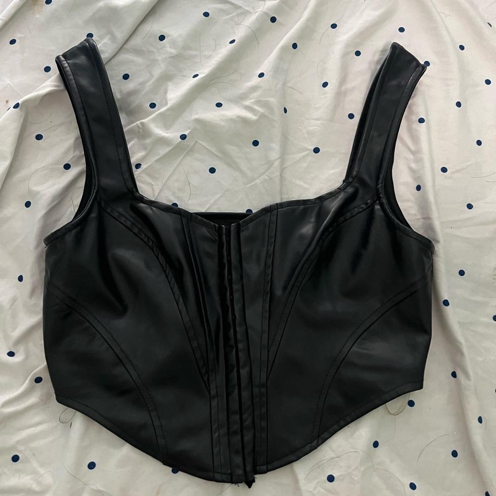 Black Leather Button-up Cropped Tank Top